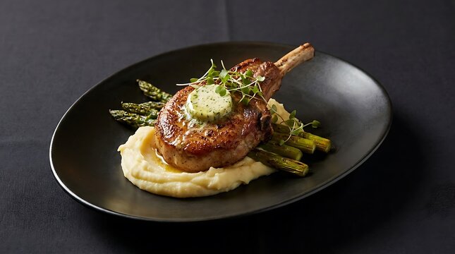 Grilled lamb chop with asparagus and mashed potatoes on a black plate. chuleta de cerdo 
