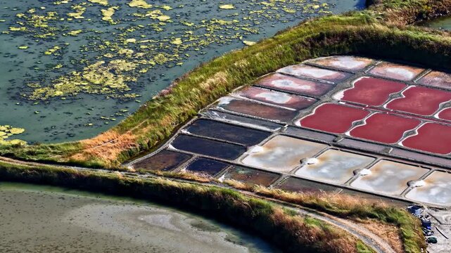 Aerial view of colorful salt marshes with geometric ponds and earthen dikes in Capbreton, Nouvelle-Aquitaine, France.