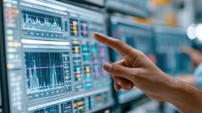working hands of controller with data base from Scada system on computer screen.	