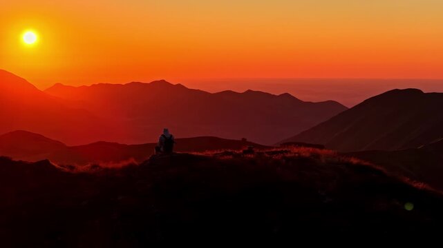 Aerial view of a person sitting on the mountain ridge of Col d'Aubisque during a vibrant sunset in Beost, Nouvelle-Aquitaine, France.