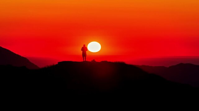 Aerial view of a person standing on the ridge of Col d'Aubisque at sunset with a vibrant orange sky in Beost, Nouvelle-Aquitaine, France.