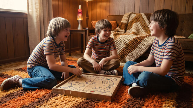 Three Happy Boys Playing a Board Game in a Retro 1970s Living Room