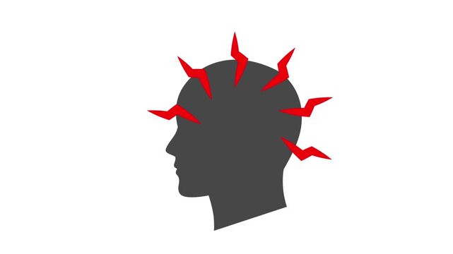 Silhouette of human head with pulsating red lightning bolts on white background, depicting severe headache, stress, migraine, or mental tension.
