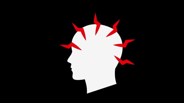 White silhouette of human head with pulsating red lightning bolts on black background, representing severe migraine, mental stress, or brain disease.