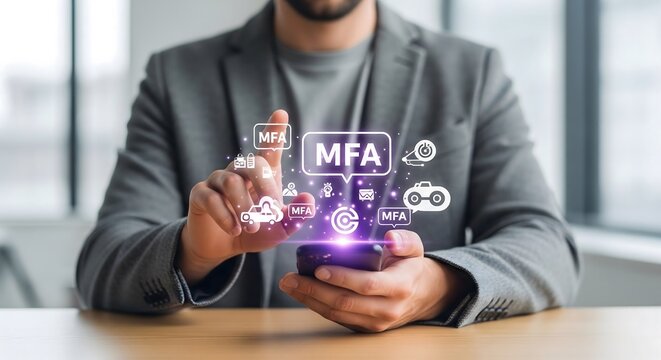 Businessman using smartphone multi factor authentication MFA cyber security digital protection