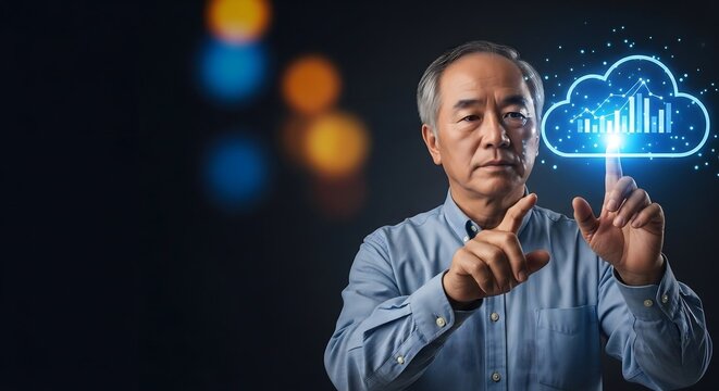 Senior Asian Businessman Interacting With Cloud Computing Financial Data Analytics Interface