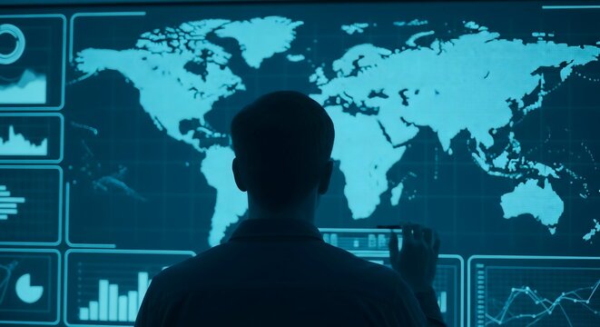 Businessman analyzing global data analytics dashboard on digital screen