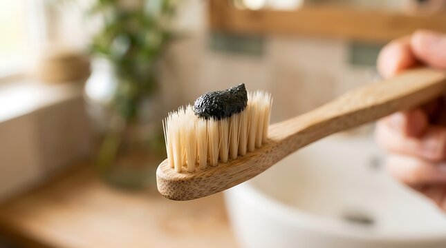 Sustainable bamboo toothbrush holding natural charcoal paste for daily dental hygiene routine