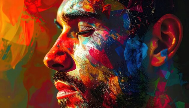 Abstract Portrait of a Man with Vibrant Colorful Paint Splatters on Face and Hair