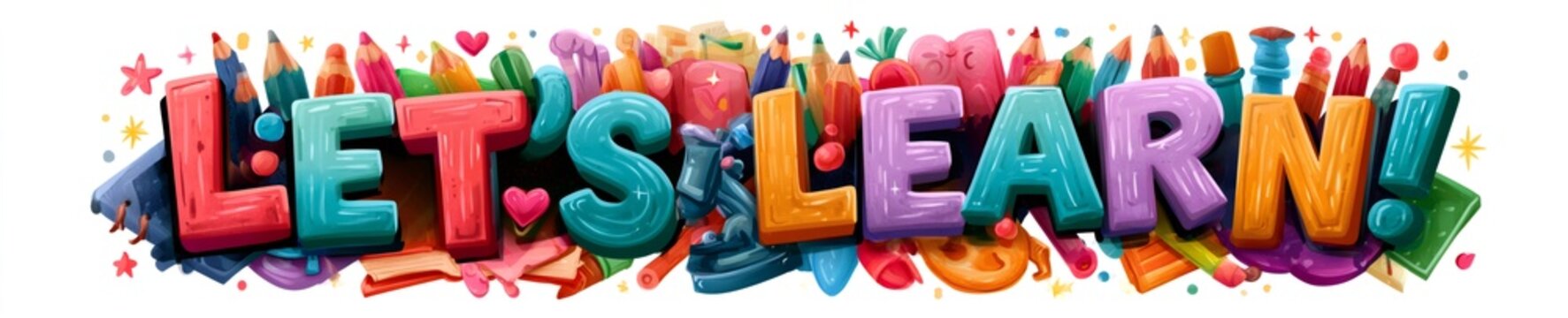 Vibrant let's learn! text with pencils, paints, books, and creative tools, representing education, knowledge, and childhood learning