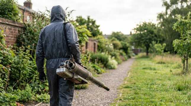 Professional Worker in Protective Gear Using Fogging Machine for Garden Pest Control and Disinfection