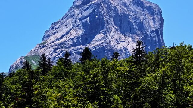 Aerial view of the rugged Col d'Aubisque mountain peak rising above a dense pine forest under a clear blue sky in Beost, Nouvelle-Aquitaine, France.