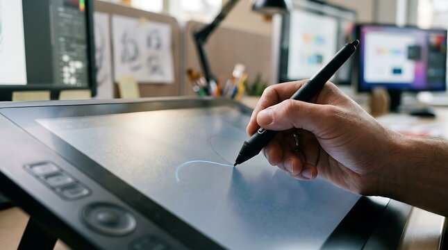 Creative professional drawing digital illustration using advanced pen tablet workstation setup