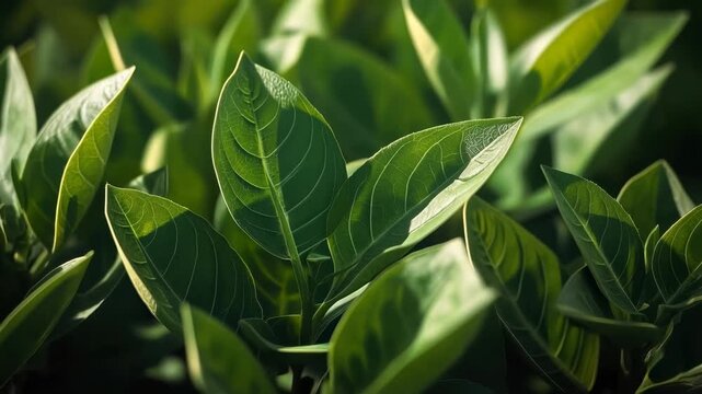 Fresh green leaf foliage with natural light, green plant closeup and soft nature texture