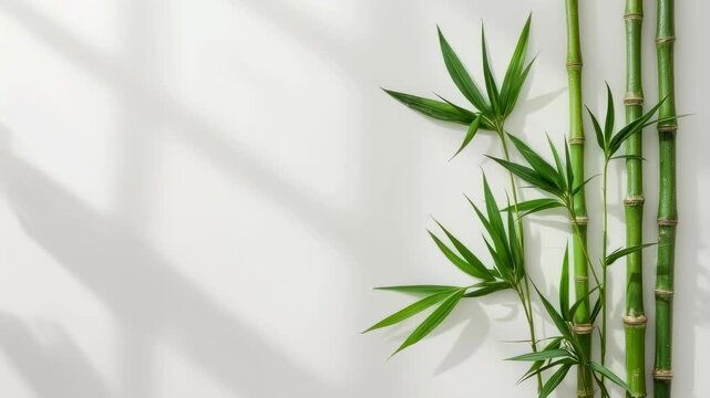 Bamboo plant green leaf shadow on white wall with soft natural minimal decor interior