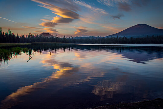 sunset over lake with beautiful clouda
