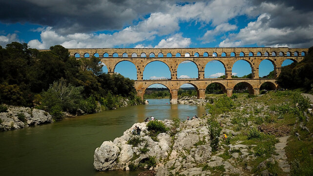 Aerial view of the ancient Roman aqueduct bridge Pont du Gard spanning the Gardon river with rocky banks and lush greenery in Vers-Pont-du-Gard, Occitanie, France.