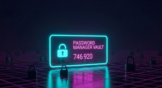 Neon cybersecurity password manager vault with digital security lock concept