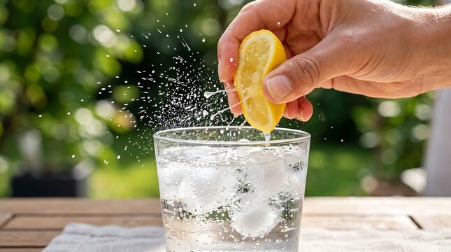 Hand squeezing fresh lemon wedge into glass of sparkling water with ice cubes outdoors with refreshment