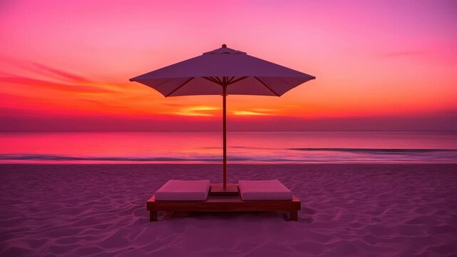 Sunset Beach Umbrella Over Lounge Bed, Calm Ocean Horizon Glow Sandy Shore