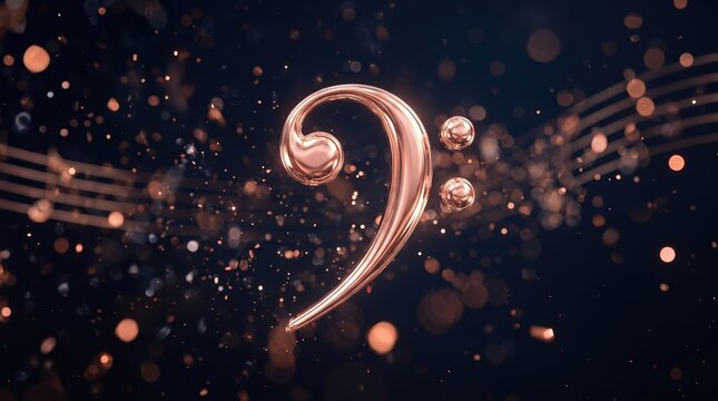 3D Rose Gold Bass Clef Musical Symbol with Sparkling Bokeh Lights and Staff Lines on Dark Background