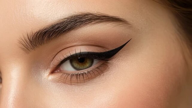 Brown eye close up eye makeup, eyebrow, eyelash, winged eyeliner application beauty, eyeliner brush
