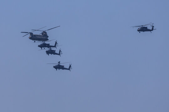 Jersey City, New Jersey, United States - 04 July 2026: View of military helicopters flying in formation over Liberty State Park.