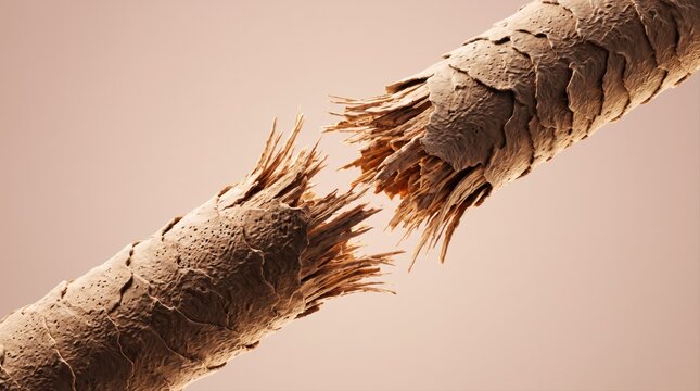 A close-up 3D render of a single human hair fiber broken in half, showing internal fiber structure.