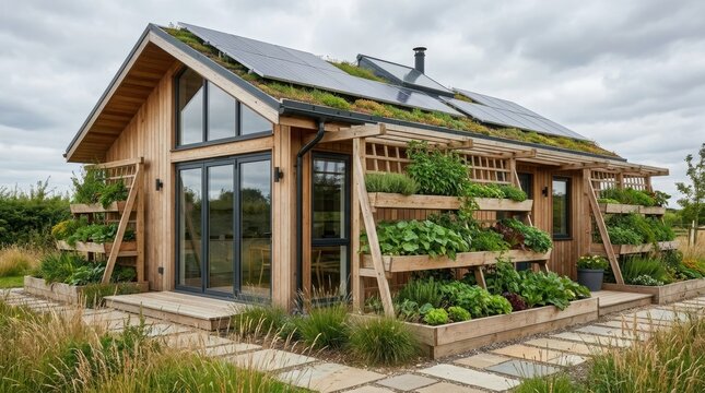 Eco friendly wooden house with green roof and solar panel. Sustainable home featuring vertical garden and vegetable planter.
