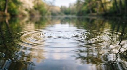 Fototapeta premium Tranquil forest scene with sunlight reflecting on the calm surface of a still lake creating ripples
