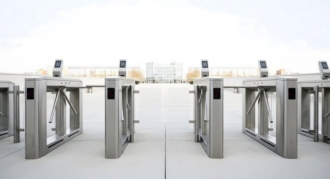 Modern automatic security turnstiles at corporate building entrance exterior