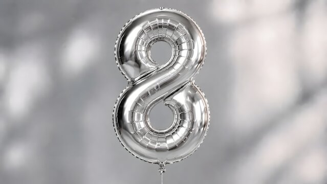 Silver Number 8 Balloon Floating Against a Blurred Background