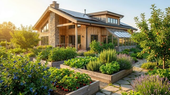 Modern eco friendly wooden house with vegetable garden and greenhouse. Sustainable living and homesteading concept. Solar energy and self sufficiency in rural nature environment.