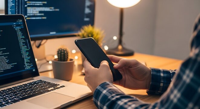 Professional software developer working with smartphone and laptop in office