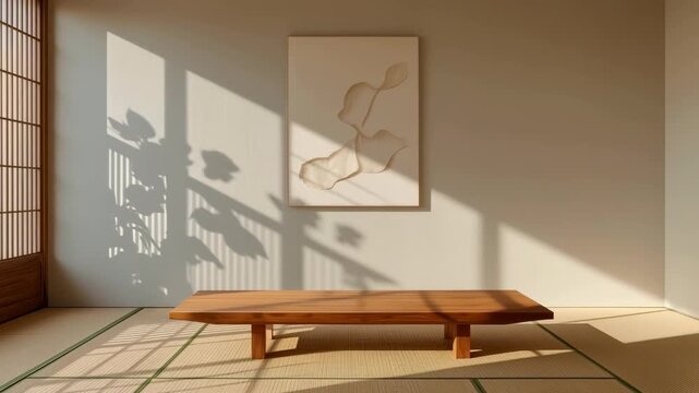 Minimalist interior room with wooden bench, tatami mat and soft sunlight shadow wall art