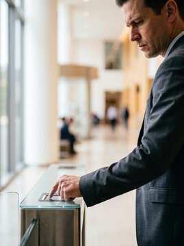 Professional Businessman in Gray Suit Using Biometric Fingerprint Scanner at Modern Office Security Entrance Gate for Access Control