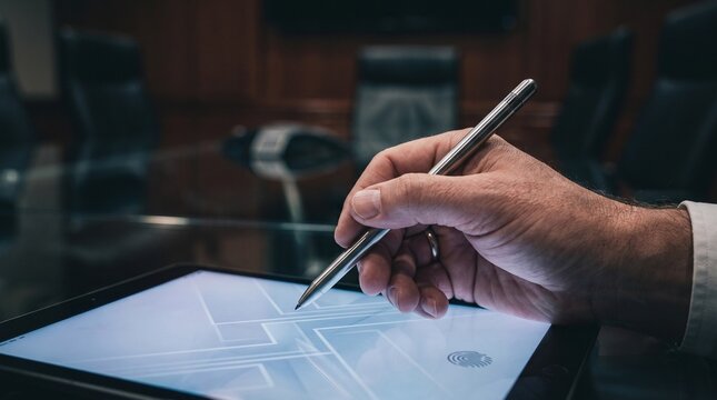 Close-up of a professional hand using a silver stylus on a tablet with biometric fingerprint security in a modern boardroom.