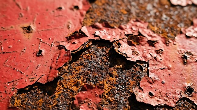 Weathered red paint flaking off corroded industrial metal surface macro texture background