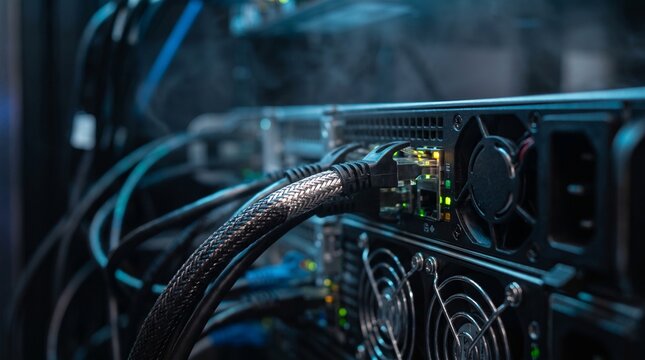 Close-up of high-speed network ethernet cables plugged into professional server rack with glowing green status lights in data center
