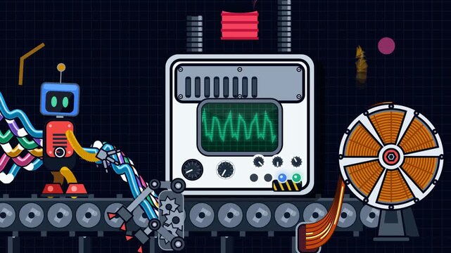 2D animation of a robot recycling cables on a conveyor belt separating copper wire and plastic insulation in a processing machine