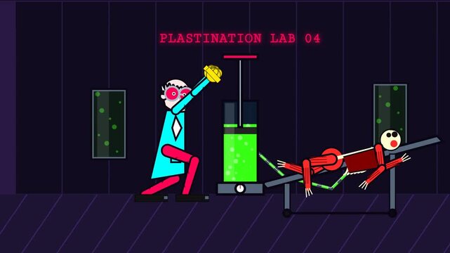 2D animation of a mad scientist in a plastination lab pumping green preserving fluid into a human body