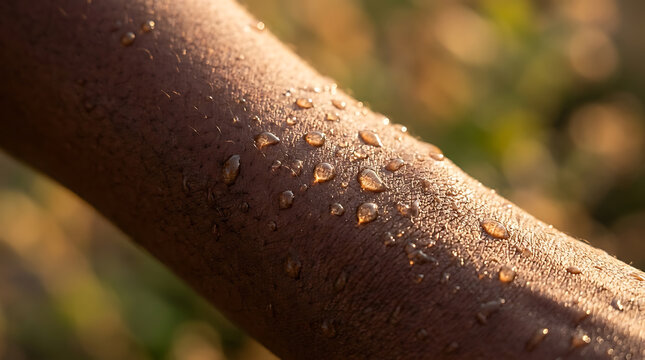 Close up of dark skin with water droplets glistening in warm sunlight, symbolizing natural beauty and resilience spring