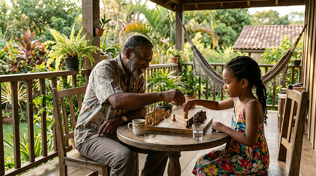 Black grandfather and granddaughter playing chess on a porch celebrating heritage and diversity spring