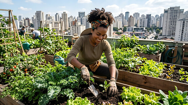 Black woman tending urban rooftop garden celebrating heritage and diversity in Brazil spring
