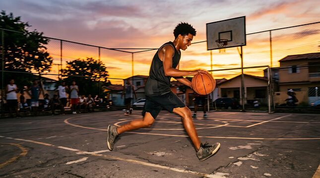 Young Black man dribbling basketball on outdoor court at sunset celebrating heritage and diversity spring