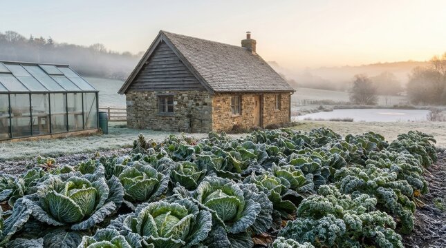 Stone cottage with greenhouse and frozen cabbage patch in misty morning. Sustainable off-grid living and homesteading concept. Traditional rural garden in winter at sunrise.
