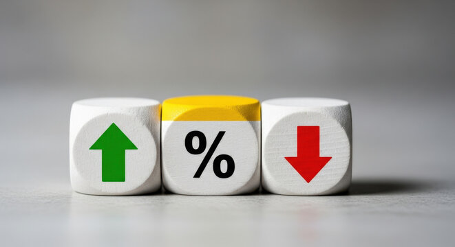 Educational concept of interest rate fluctuations illustrated by white dice showing green upward arrow red downward arrow and percentage sign icon.