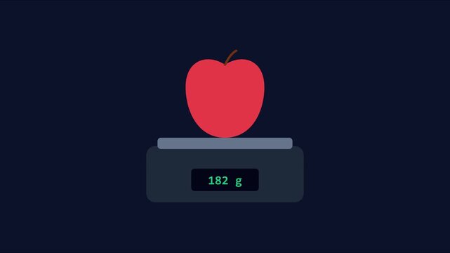 Red apple on digital kitchen scale measuring weight animation 4k measurement diet
