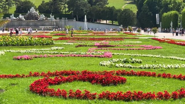 Pan-up of from colorful flowers to the spectacular hilltop palace in the massive garden of Schonbrunn Palace, Vienna, Austria on a sunny summer day.