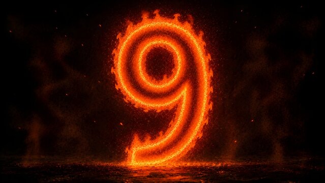 Fiery Number 9 Burning in Dark Background